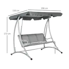 Outsunny Three Person Steel Outdoor Porch Swing Chair Bench w/ Canopy Cover Grey - 3