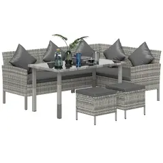 Outsunny tsunny 6-Seater Rattan Dining Set Sofa Table Footstool Outdoor w/ Cushion Garden Furniture, Dark Grey - 1