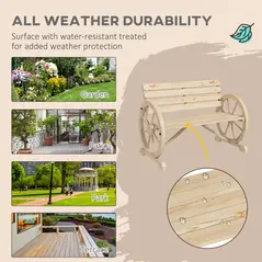 Outsunny Wagon Wheel Chair Bench Armrest Rustic Loveseat Wood Outdoor Garden, Natural - 6