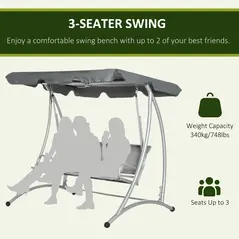 Outsunny Three Person Steel Outdoor Porch Swing Chair Bench w/ Canopy Cover Grey - 7