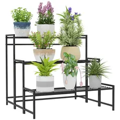Outsunny Three-Tier Metal Plant Shelf - Black - 1