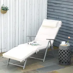 Outsunny Sun Lounger Steel Frame Outdoor Folding Chaise Texteline Lounge Chair Recliner with Headrest & 7 Levels Adjustable Backrest, Cream White - 2
