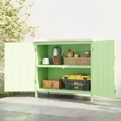 Outsunny Wood Garden Storage Cabinet, Outdoor Tool Shed, Potting Bench Table with galvanised Top and Two Shelves for garden Tools or Pool Accessories, Green - 8