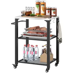 Outsunny Three-Shelf Outdoor Grill Cart with Stainless Steel Top, Outdoor Kitchen Island with 4 Wheels, 3 Hooks, Movable Food Prep Barbecue Pizza Oven Table for Kitchen, Garden, 65.5 x 41 x 79 cm - 1