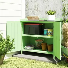 Outsunny Wood Garden Storage Cabinet, Outdoor Tool Shed, Potting Bench Table with galvanised Top and Two Shelves for garden Tools or Pool Accessories, Green - 2