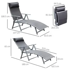 Outsunny Sun Lounger Steel Frame Outdoor Folding Chaise Texteline Lounge Chair Recliner with Headrest & 7 Levels Adjustable Backrest, Grey - 3