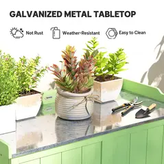 Outsunny Wood Garden Storage Cabinet, Outdoor Tool Shed, Potting Bench Table with galvanised Top and Two Shelves for garden Tools or Pool Accessories, Green - 5