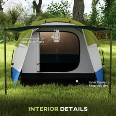 Outsunny Three Man Two-Room Tent, with Porch and Accessories - Green - 6