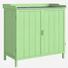 Outsunny Wood Garden Storage Cabinet, Outdoor Tool Shed, Potting Bench Table with galvanised Top and Two Shelves for garden Tools or Pool Accessories, Green - 1