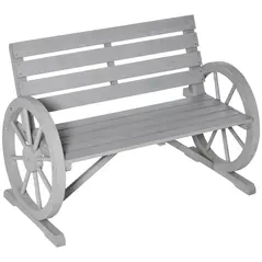 Outsunny Wooden Cart Wagon Wheel 2 Seater Garden Bench Outdoor Garden Armrest Chair Rustic High Back Loveseat Grey - 1