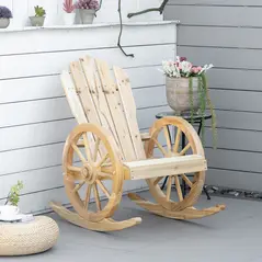 Outsunny Wooden Adirondack Rocking Chair Reclining Armchair Outdoor Garden Furniture Patio Porch Rocker - Natural - 2