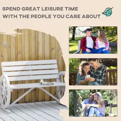 Outsunny Wooden Cart Wagon Wheel 2 Seater Garden Bench Outdoor Garden Armrest Chair Rustic High Back Loveseat Grey - 7