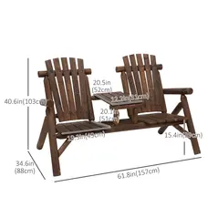 Outsunny Wood Patio Chair Bench 2 Seats Jack and Jill Seat w/ Center Coffee Table, Garden Bench, Carbonized - 3