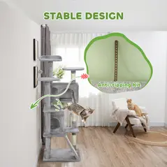 PawHut 138cm Cat Tree, Multi-Level Cat Tower with Scratching Posts and Pad, Bed, Condos, Platforms, Toy Balls, Light Grey - 7