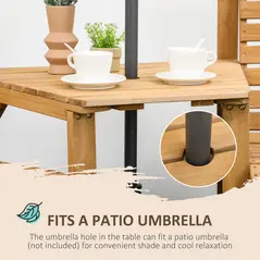 Outsunny Wooden Garden Love Seat, 2 Seater Jack & Jill Companion Seat with Coffee Table and Parasol Hole, Partner Bench, Table and Chairs Set, Outdoor Furniture for Garden, Balcony, Patio, Brown - 5