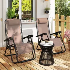 Outsunny Zero Gravity Chair Set of 2, Metal Frame Texteline Armchair Outdoor Folding and Reclining Sun Lounger with Head Pillow for Patio Decking Gardens Camping, Beige - 8