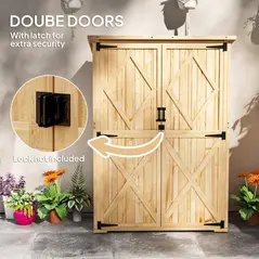 Outsunny Wooden Garden Storage Shed, Tool Storage Cabinet with Asphalt Roof and 2 Shelves for Garden Tools, Equipment, Outdoor Tool Shed with Double Doors, Natural - 6