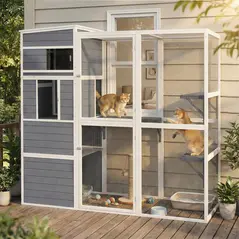 PawHut 4-Tier Wooden Catio Cat Outdoor Enclosure with Sun Roof, Resting Rooms, 3 Platforms, Window Outdoor Indoor, Grey - 2