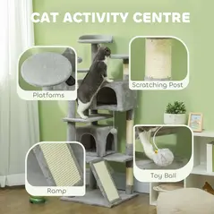 PawHut 138cm Cat Tree, Multi-Level Cat Tower with Scratching Posts and Pad, Bed, Condos, Platforms, Toy Balls, Light Grey - 4