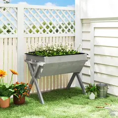Outsunny Wooden Raised Garden Bed with Bed Liner, Elevated Planter Box with Legs, Light Grey - 2