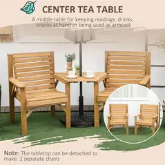 Outsunny Wooden Garden Love Seat, 2 Seater Jack & Jill Companion Seat with Coffee Table and Parasol Hole, Partner Bench, Table and Chairs Set, Outdoor Furniture for Garden, Balcony, Patio, Brown - 6