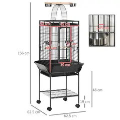 PawHut 156cm Bird Cage,Large Parrot Cage with Open Play Top, Perch, Seed Guard, Wheels, Storage Shelf, Dark Grey - 3