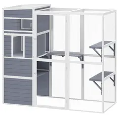 PawHut 4-Tier Wooden Catio Cat Outdoor Enclosure with Sun Roof, Resting Rooms, 3 Platforms, Window Outdoor Indoor, Grey - 1