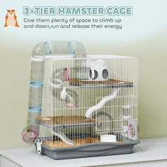 PawHut 3-Tier Hamster Cage with Exercise Wheels, Water Bottle, Food Dish, for Dwarf Hamsters, 45 x 30 x 45 cm, Grey - 4
