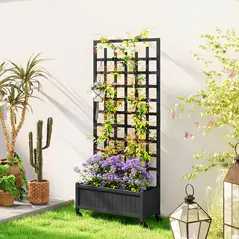 Outsunny Wooden Trellis Planter, Raised Garden Bed with Wheels, to Climb and Grow Vegetables, Herbs and Flowers, Grey - 8