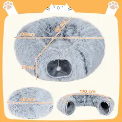 PawHut 2-in-1 Donut Cat Tunnel with Washable Bed, Play Tunnel Bed with Toy Ball and Door Hole for Indoor Cats, Light Grey - 3