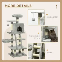 PawHut 132cm Cat Tree with Scratching Post, House, Hammock, Toy Balls - Grey - 5