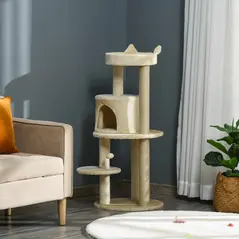PawHut 104 cm Cat Tree, Cat Condo Tree Tower, Cat Activity Centre with Scratching Posts, Plush Perches, Hanging Ball - Cream White - 2