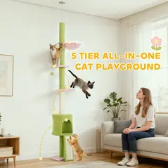 PawHut 220-240 cm Floor to Ceiling Cat Tree Adjustable Height with Hammock, Condo, Scratching Posts, Green - 6