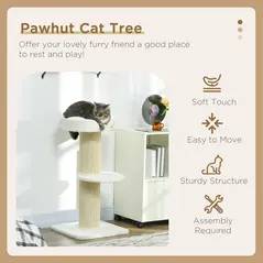 PawHut 2 Tier Sisal Sherpa Cat Tree with Basket Cushion Sisal Post Cream White - 4