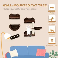 PawHut 4PCs Wall-Mounted Cat Shelves w/ Scratching Post, Hammock, Nest - Brown - 4