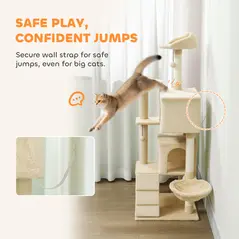 PawHut 140cm Large Cat Tree Tower with Sisal Scratching Posts, Plush Perches, Hammock, Beige - 6