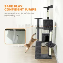 PawHut 180cm Large Cat Tree Tower with Sisal Scratching Posts, Condos, Plush Perches, Hammock, Ladder, Dark Grey - 6