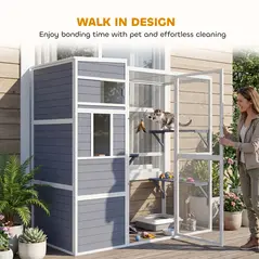 PawHut 4-Tier Wooden Catio Cat Outdoor Enclosure with Sun Roof, Resting Rooms, 3 Platforms, Window Outdoor Indoor, Grey - 7