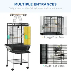 PawHut 156cm Bird Cage,Large Parrot Cage with Open Play Top, Perch, Seed Guard, Wheels, Storage Shelf, Dark Grey - 6