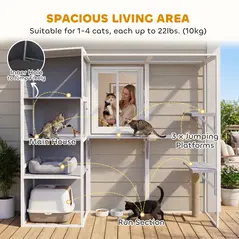 PawHut 4-Tier Wooden Catio Cat Outdoor Enclosure with Sun Roof, Resting Rooms, 3 Platforms, Window Outdoor Indoor, Grey - 4
