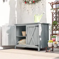 Outsunny Wooden Garden Shed, Outdoor Fir Wood Storage Shed with Shelf and Double Doors, Light Grey - 2