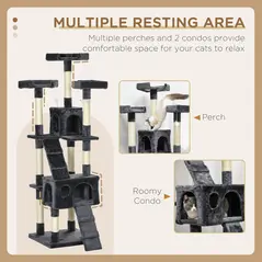 PawHut 173cm Cat Tree Scratching House, Activity Play Centre, Charcoal Grey - 6