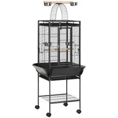 PawHut 156cm Bird Cage,Large Parrot Cage with Open Play Top, Perch, Seed Guard, Wheels, Storage Shelf, Dark Grey - 1