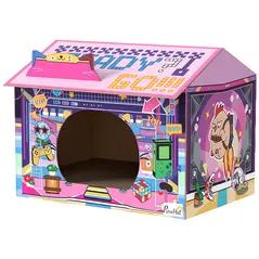 PawHut 2 in 1 Gaming Style Cardboard Cat House with Scratching Board & Catnip for Indoor Cats, Pink - 1
