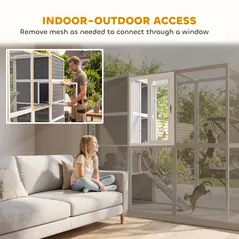 PawHut 4-Tier Wooden Catio Cat Outdoor Enclosure with Sun Roof, Resting Rooms, 3 Platforms, Window Outdoor Indoor, Grey - 5