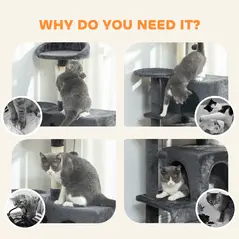 PawHut 140cm Large Cat Tree Tower with Sisal Scratching Posts, Cat Houses, Plush Perches, Hammock, Ladder, Dark Grey - 8