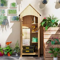 Outsunny Wooden Garden Storage Shed with 3 Shelves, Outdoor Tool Storage Cabinet with Tilt Roof and Lockable Door, 77.5 x 54.2 x 179.5 cm, Natural - 7