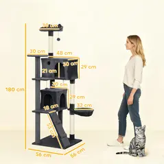 PawHut 180cm Large Cat Tree Tower with Sisal Scratching Posts, Condos, Plush Perches, Hammock, Ladder, Dark Grey - 3