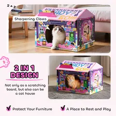 PawHut 2 in 1 Gaming Style Cardboard Cat House with Scratching Board & Catnip for Indoor Cats, Pink - 5