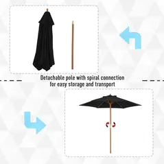 Outsunny Wooden Garden Umbrella Sun Shade with Top Vents, Bamboo Ribs and Sturdy Wood Pole, Black - 4